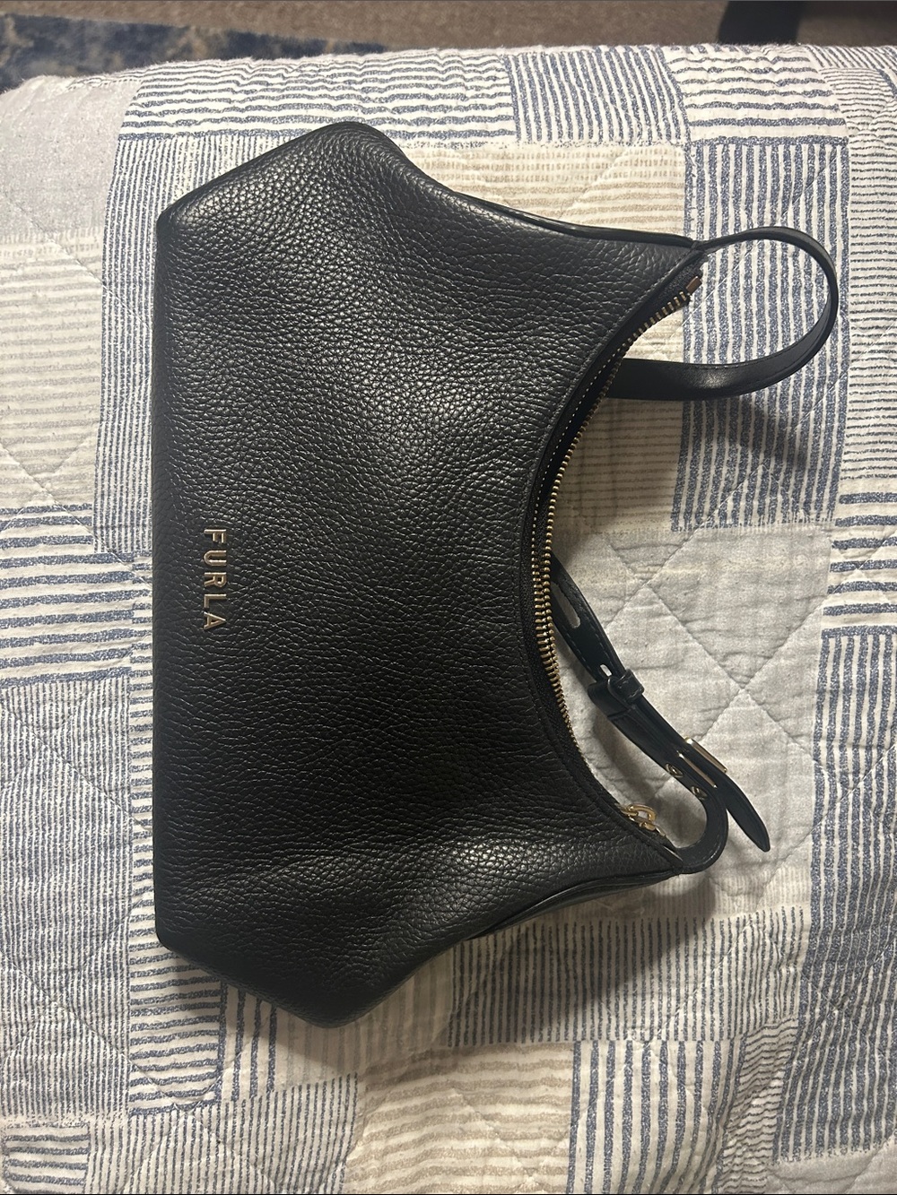 Furla Black Pebbled Leather Hobo Shoulder Bag with Gold Logo